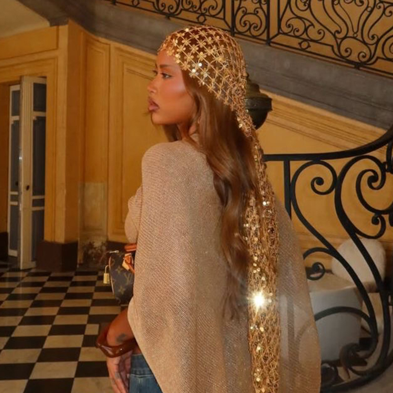 Ethnic Fashion Collection - Boho Sequin Mesh Headscarf Gold Black